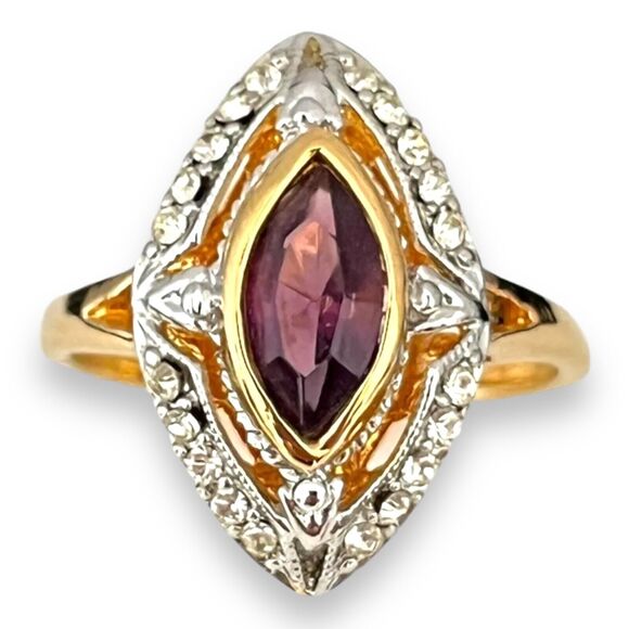Vintage Ring Size 5 Amethyst Austrian Crystal 18K Gold Plate Mid-Century MCM 14F - Picture 12 of 16